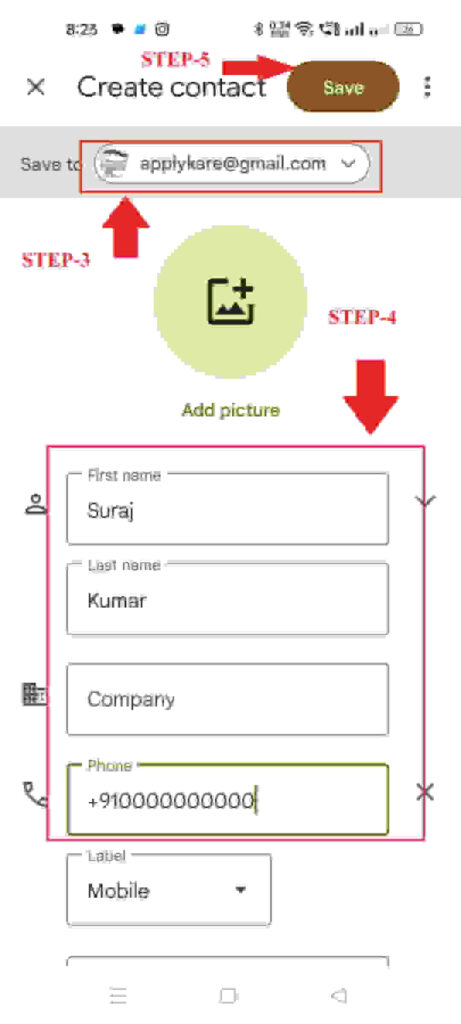 mobile number ko gmail account me save kaise kare