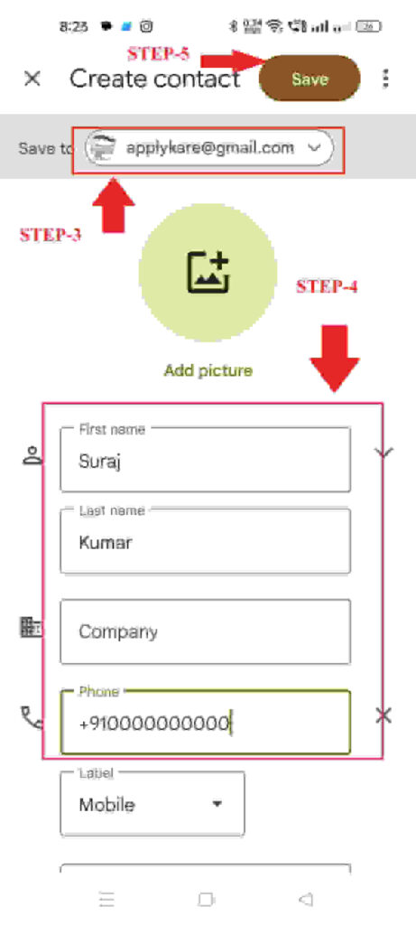   mobile number ko gmail account me save kaise kare