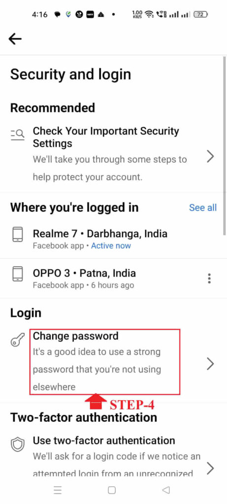 facebook password change