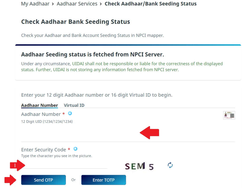check bank account aadhaar linking status