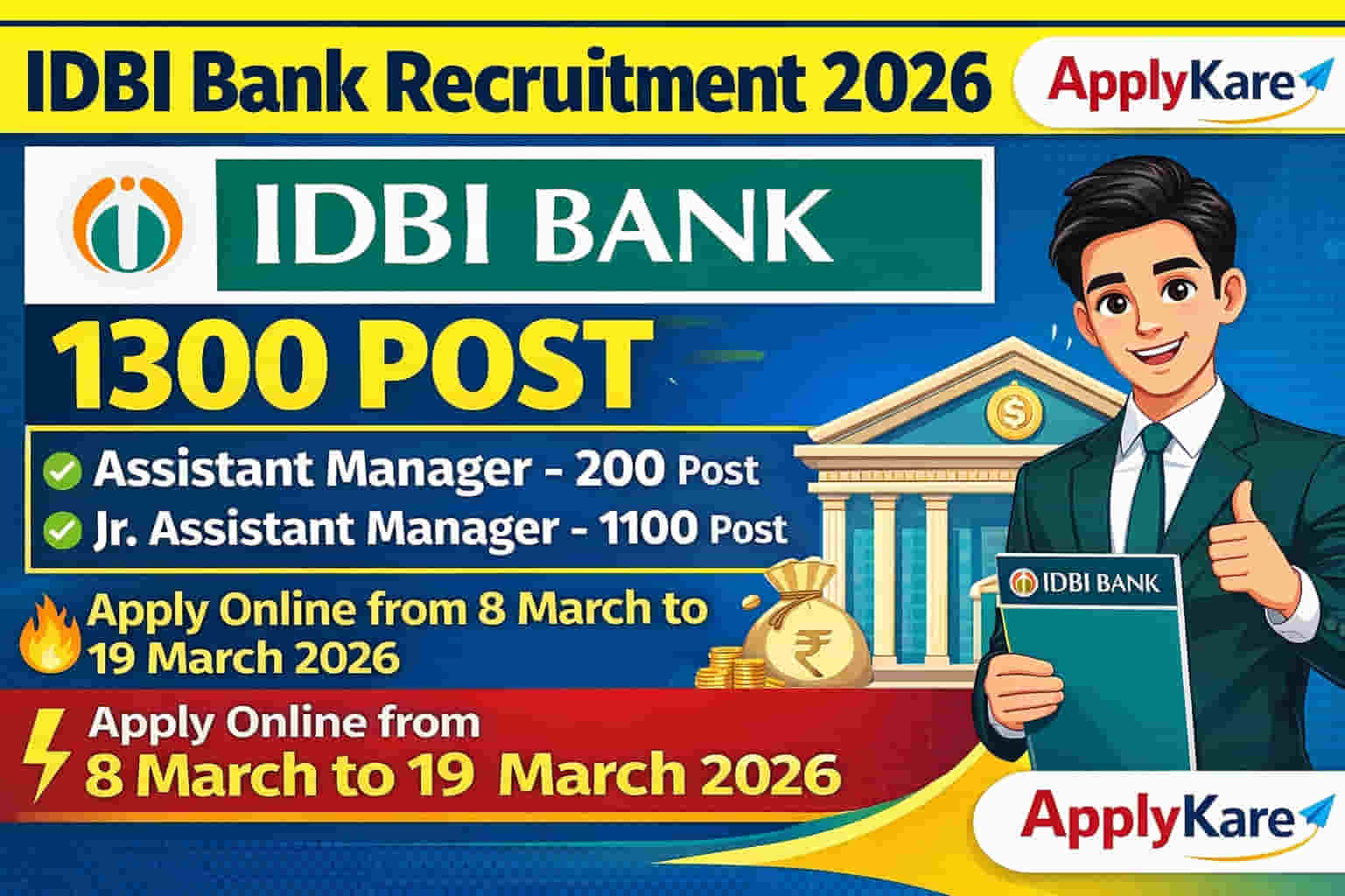 IDBI Bank Assistant Manager & Junior Assistant Manager Recruitment 2026 – Apply Online for 1300 Posts