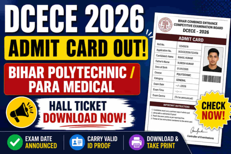 DCECE 2026 Admit Card Out: Bihar Polytechnic & Para Medical Hall Ticket Download Now