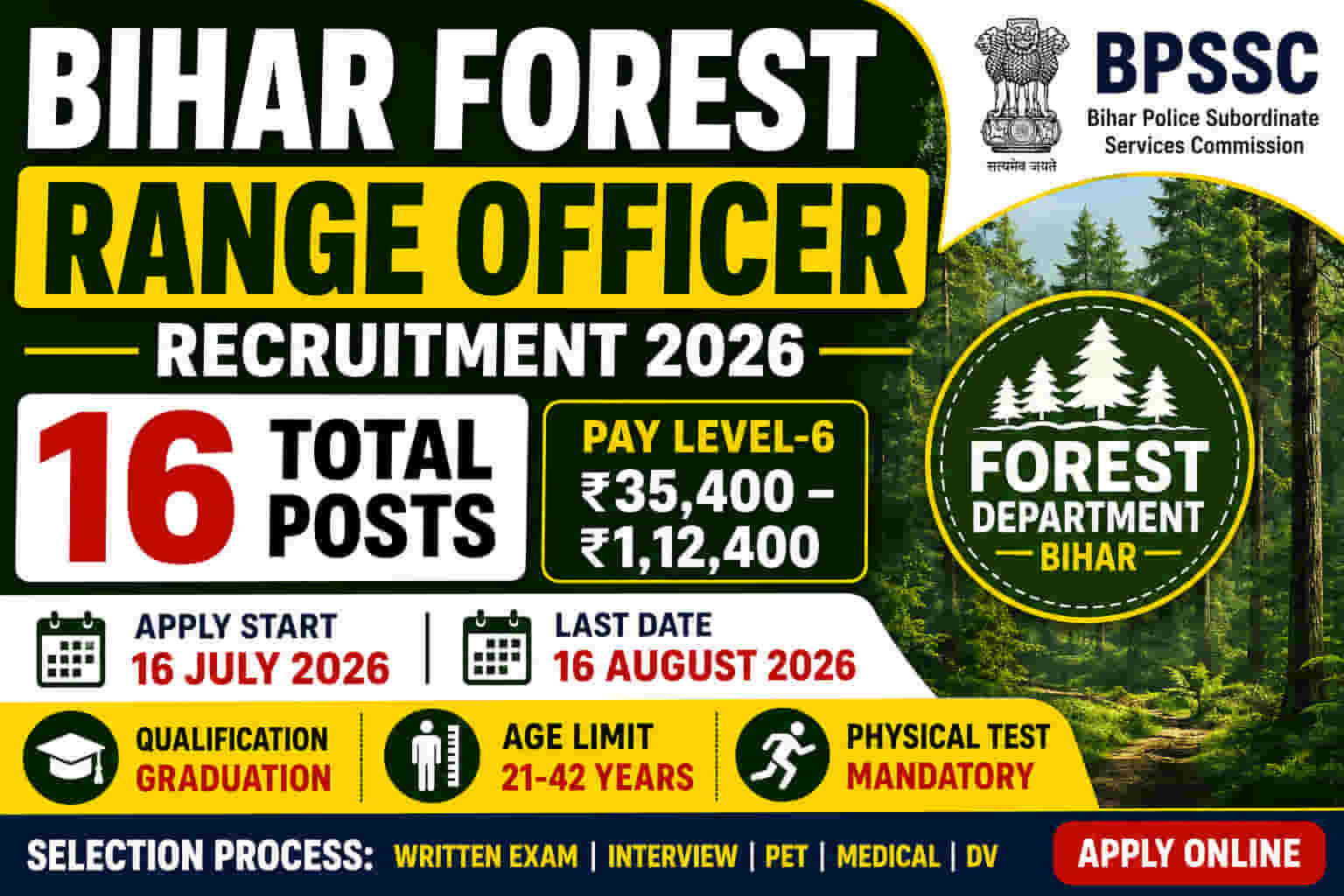 Bihar Forest Range Officer (FRO) Recruitment 2026 – Apply Online for 16 Posts