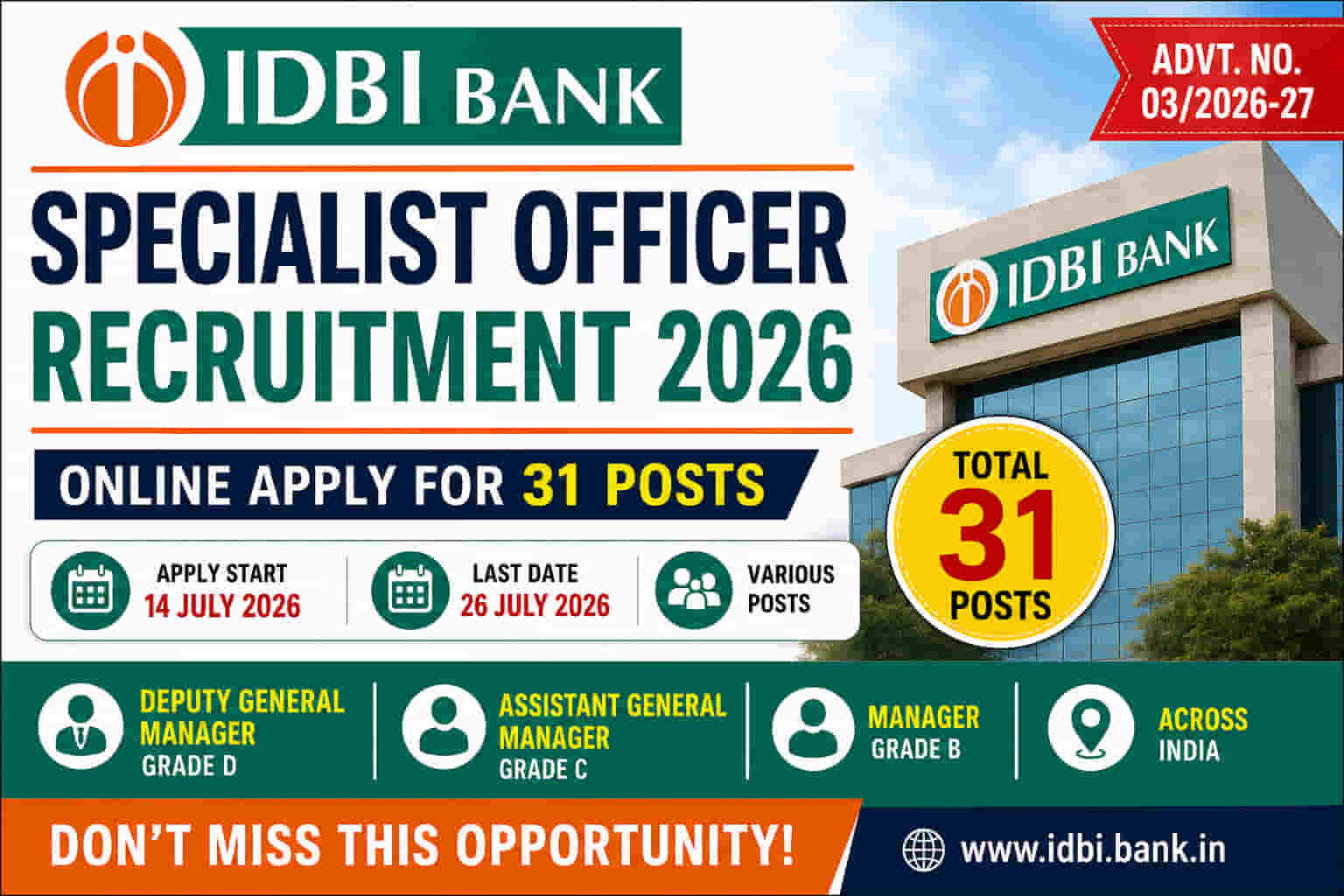 IDBI Bank Specialist Officer Recruitment 2026 Apply Online for 31 Posts